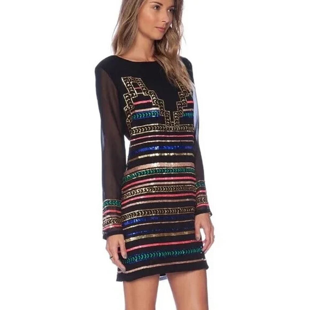NWT Mara Hoffman Mini Dress Black Striped Multi Color Sequin Long Sleeve…